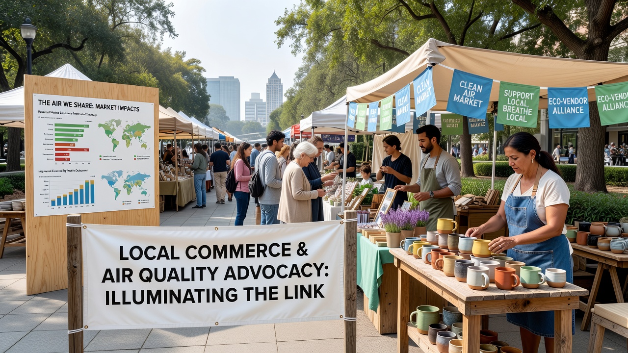 Close-up of artisan vendors discussing air quality posters with customers at a weekly market stall featuring local crafts and produce