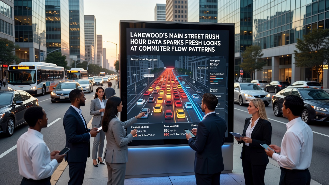 Commuters and cyclists navigating Main Street intersections in Lanewood during evening peak hours